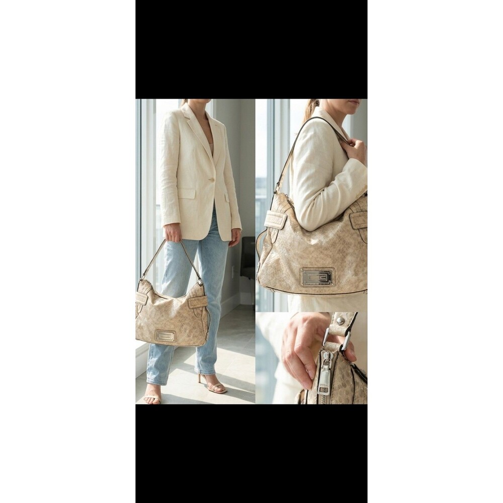 GUESS Handbag Shoulder Bag Beige Snakeskin Embossed Faux Leather Hobo Satchel